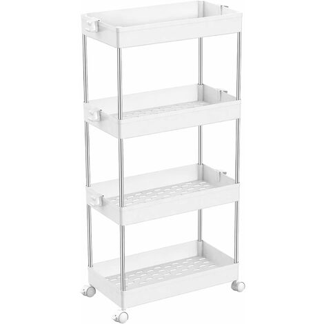 LITZEE 4-stöckiger Küchenwagen, Trolley-Nischenregal auf Rollen, platzsparendes Badezimmerregal und Küchenregal für Küche, Büro, Badezimmer, 40 x 22 x 86 cm, weiß