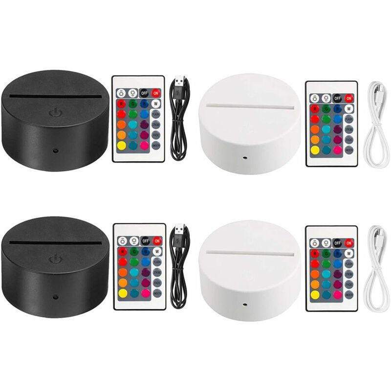 

Litzee - 4x 3D Base de lámpara LED nocturna + Mando a distancia + cable USB Luces decorativas ajustables de 7 colores (2x negro 2x blanco)