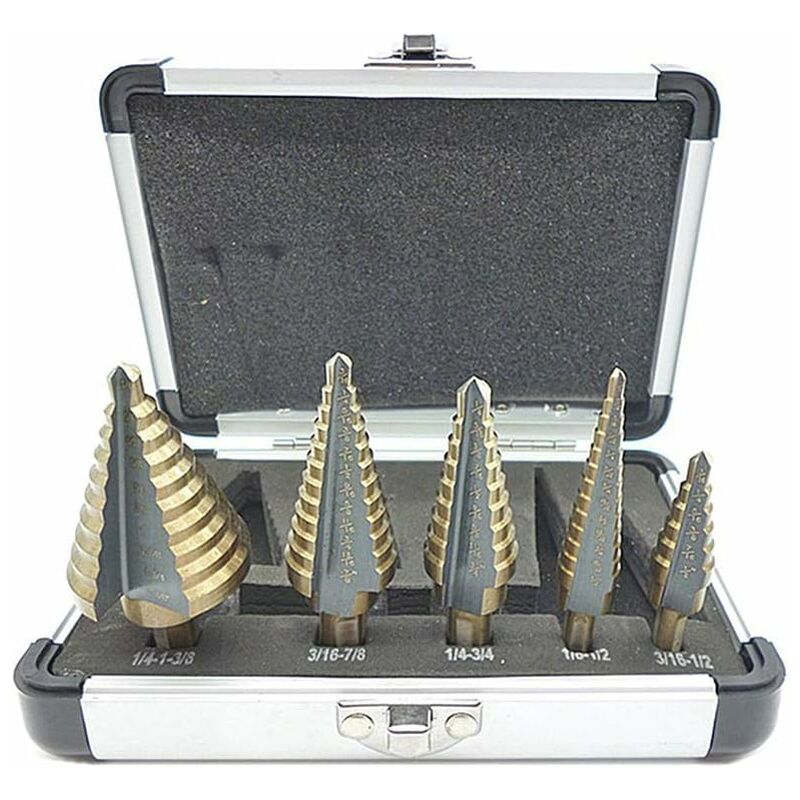 

Litzee - 5 brocas escalonadas, broca escalonada, con carcasa de aluminio profesional, vástago hexagonal, con almohadilla de centrado automático,