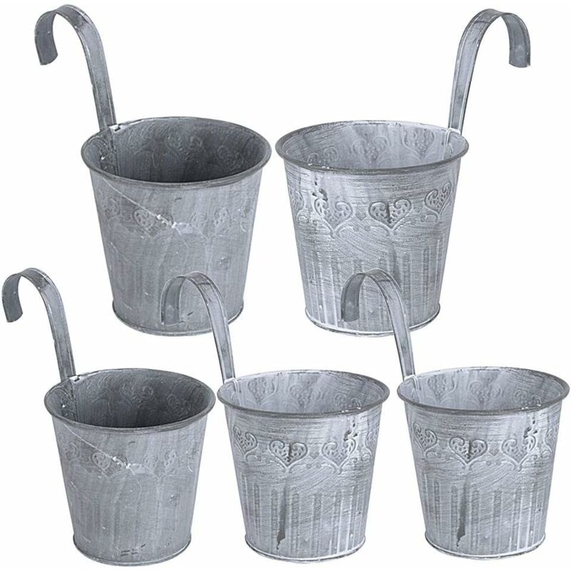 

5 macetas colgantes de hierro estilo Vinage con asas de ganchos, cubo de planta para el hogar, interior, exterior, decoración, balcón, rejilla de