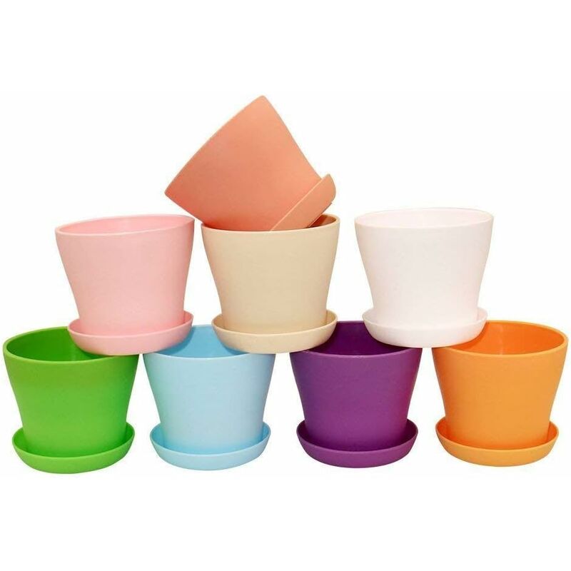 

Litzee - 8 macetas de plástico de colores, maceta de interior de 10 cm con paletas para plantas en macetas y otras plantas pequeñas