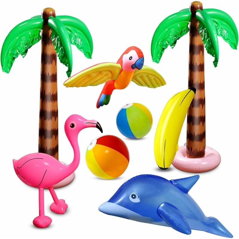 

8 piezas inflables de palmeras, juguetes de flamencos, pelotas de playa de plátano, delfines voladores, para decoraciones de fiesta en la playa