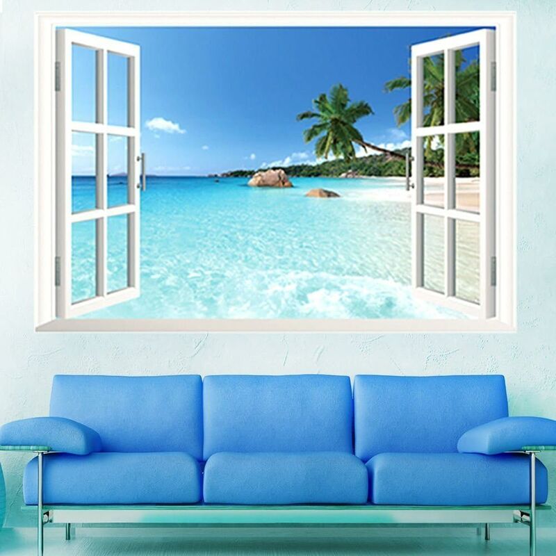 

Adhesivo grande para el paisaje con vistas a la ventana del mar, playa, 3D, calcomanías de PVC, decoración extraíble, carteles de bricolaje para sala
