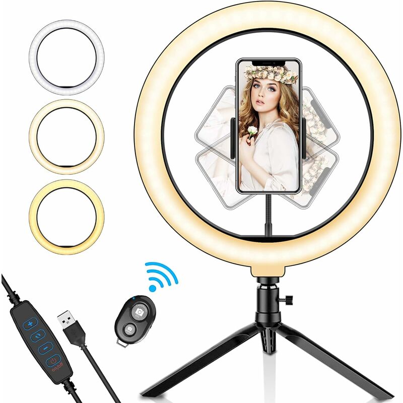 

Anillo de luz LED con trípode, anillo de luz 3 colores Brillo ajustable Rotación de 360 ​​° con control remoto Bluetooth para fotos / Youtube /