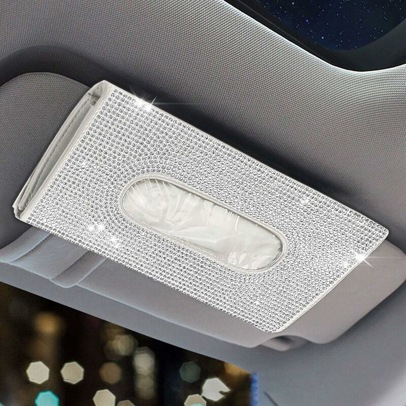 

ar Soporte para caja de pañuelos con visera para el sol, soporte para servilletas de cristal brillante, funda para pañuelos en el asiento trasero de