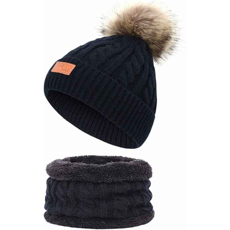 

Baby Beanie Bufanda Set Niñas Niños Warm Fur Pom Pom Beanie Negro