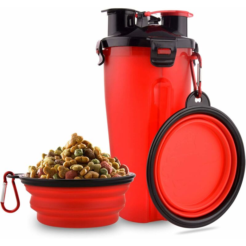 

Botella de agua para perros con 2 cuencos con bisagras Botella de agua portátil 2 en 1 y comida para perros Animales para gatos, botella de viaje