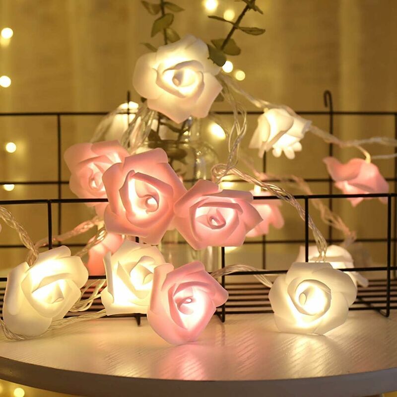 

Cadena de luces de rosas de 3 m, 20 LED, funciona con pilas, flor rosa, blanco cálido, rosa, luces de hadas, decoración romántica para el jardín del