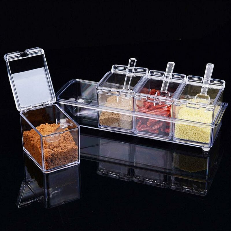 

Caja de especias de cocina de 4 piezas con cucharas y tapas, recipiente transparente para especias, utensilios de cocina