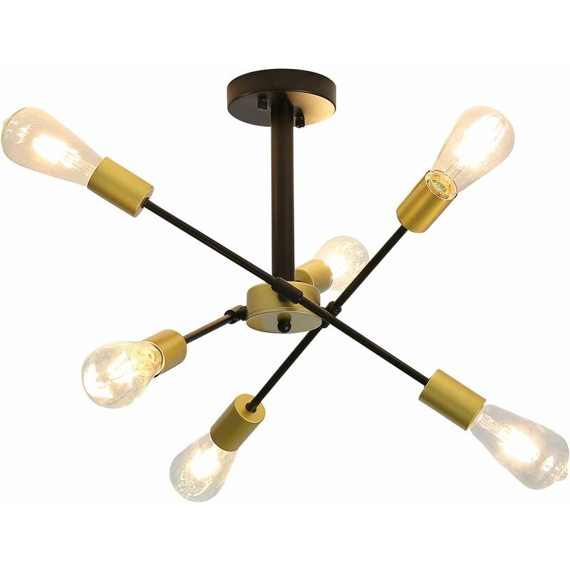 

Candelabros, lámpara colgante industrial con 6 luces de base E27, candelabro de metal moderno, luz de techo dorada y negra para sala de estar,