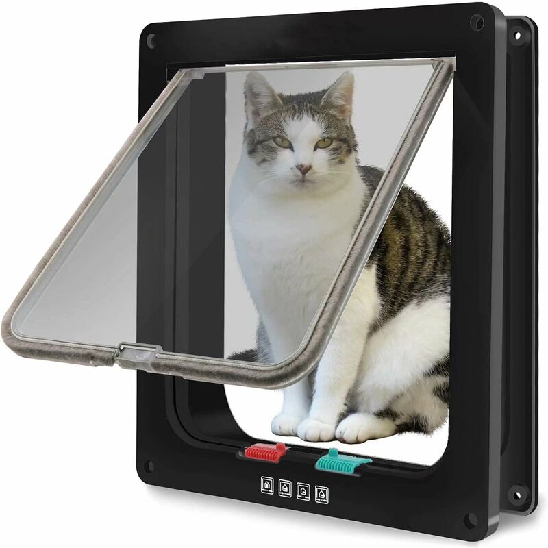 Chatière magnétique avec porte battante et serrure à 4 positions pour chats, chatons et chiots (XL, noir 27,7 * 25 * 5,5) - Litzee