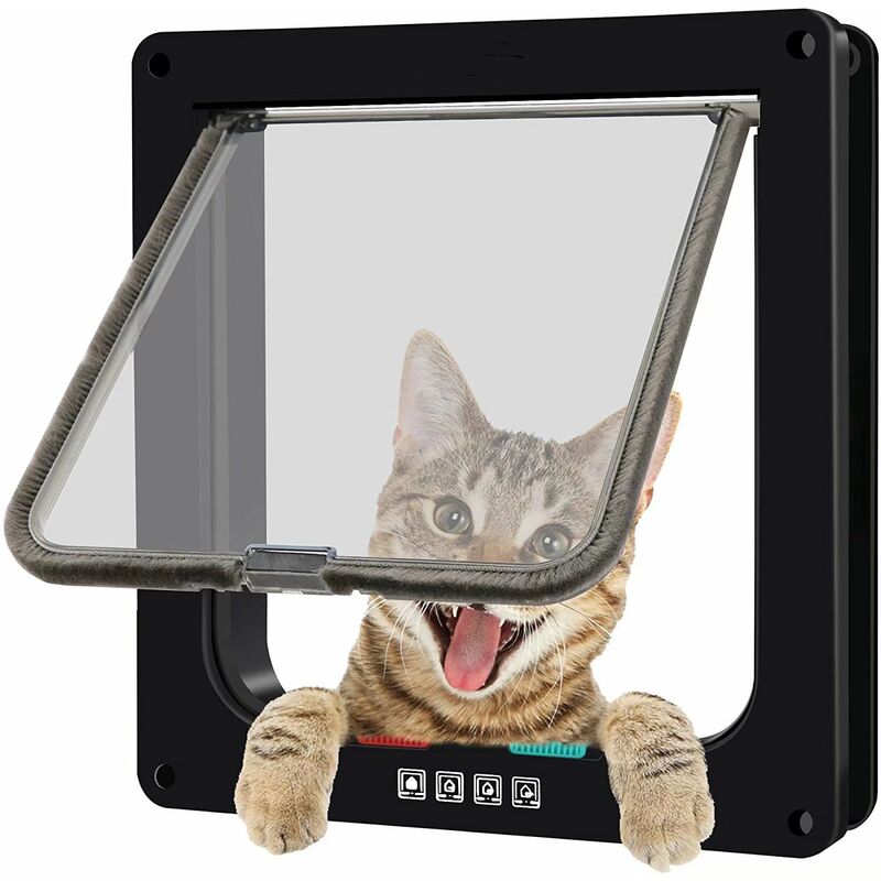 Chatière magnétique avec porte battante et serrure à 4 positions pour chats, chatons et chiots (M, noir, 19,7 * 19,5,3 cm) - Litzee