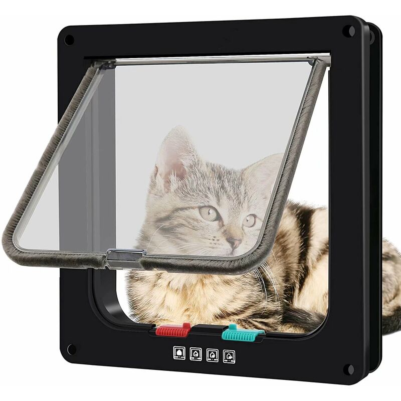 Chatière magnétique avec porte battante et serrure à 4 voies pour chats, chatons et chiots (L, noir, 25. * 23,5 * 5,3 cm) - Litzee