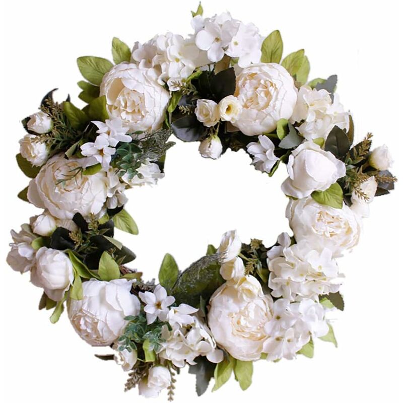 

Corona de puerta ilumina la decoración de la puerta delantera para bodas, cumpleaños, sala de estar, 1 pieza (40 cm, peonía blanca lechosa)