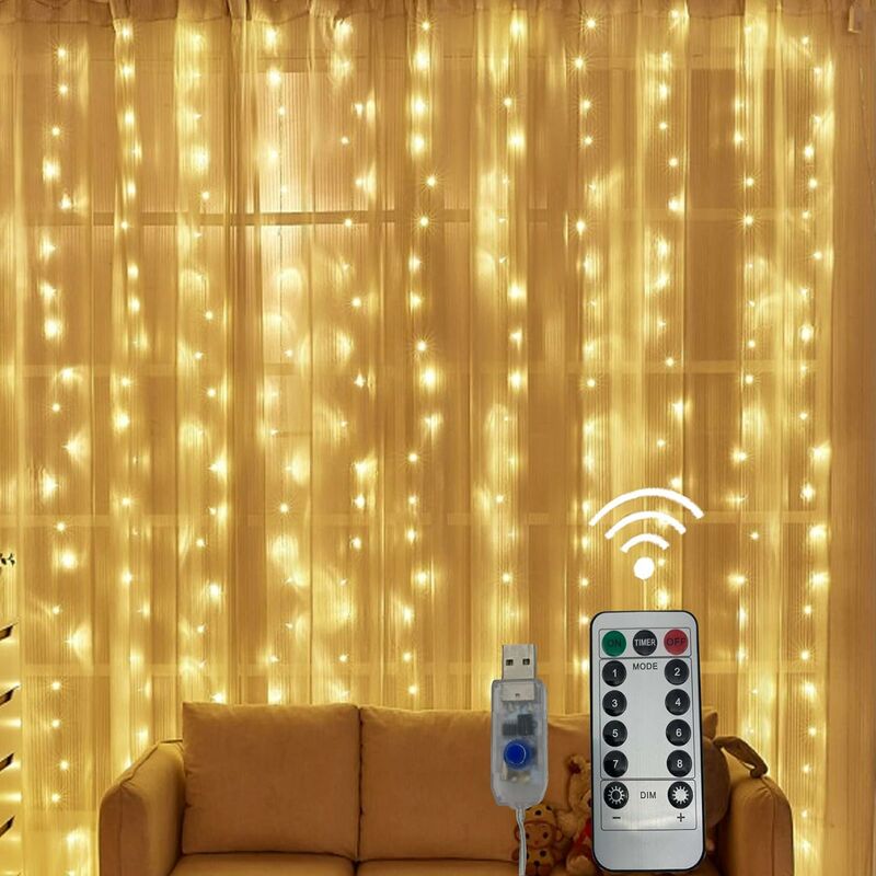

Cortina de luces, 300 luces LED de cortina de 3 m * 3 m, 8 modos de iluminación, bajo voltaje 5 V, decoración de ventana, Navidad, boda, cumpleaños,