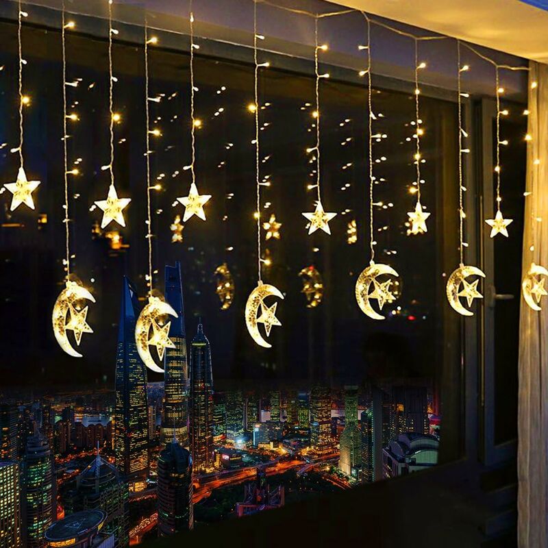 

Cortina de luz LED, cadena de luces LED, estrellas, con puerto de carga y cadena de luces blancas cálidas que funcionan con pilas para decoración