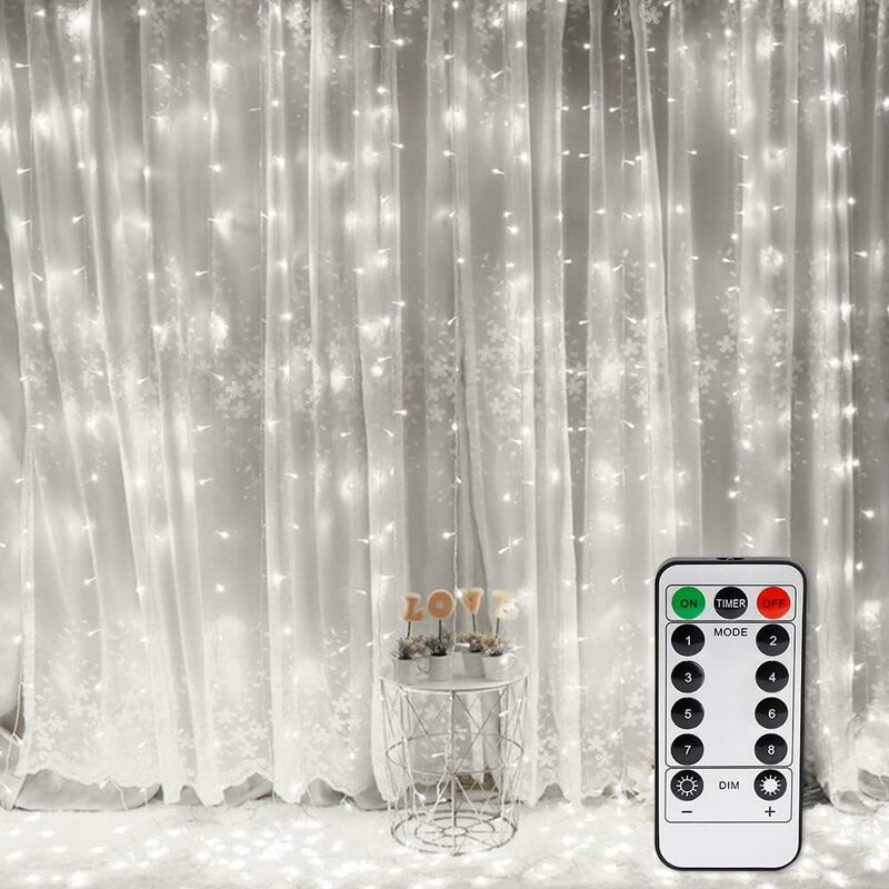 

Cortina de luz, luces de hadas para ventana 300 LED 3m * 3m, 8 modos de iluminación, atmósfera para decoración navideña, boda, cumpleaños, balcón,