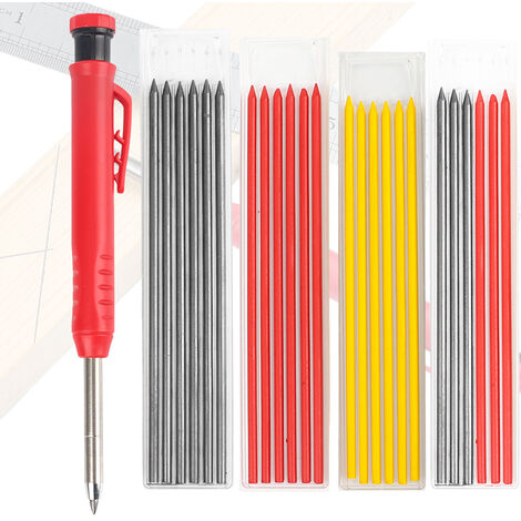 LITZEE Crayons de charpentier solides, 3 pièces avec 27 recharges de crayons métalliques, marqueur de menuiserie de construction pour architecte de menu (3 stylos + 27 recharges)