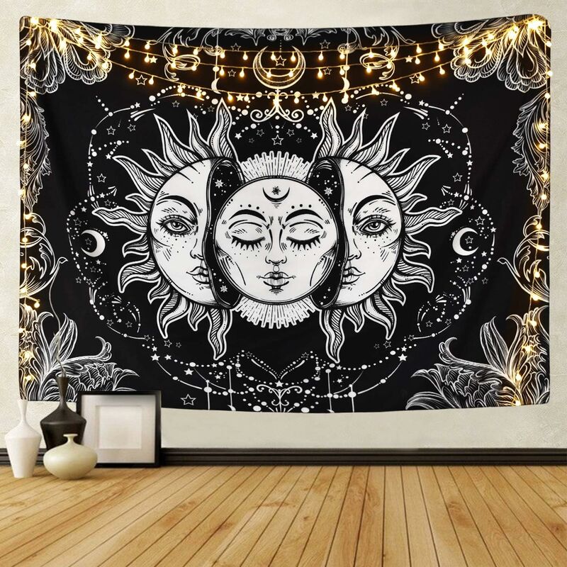 

Decoración de pared Tapiz de sol y luna Sol ardiente con tapiz estrellado Tapiz psicodélico Tapiz místico en blanco y negro Colgante de pared 59.1 'x