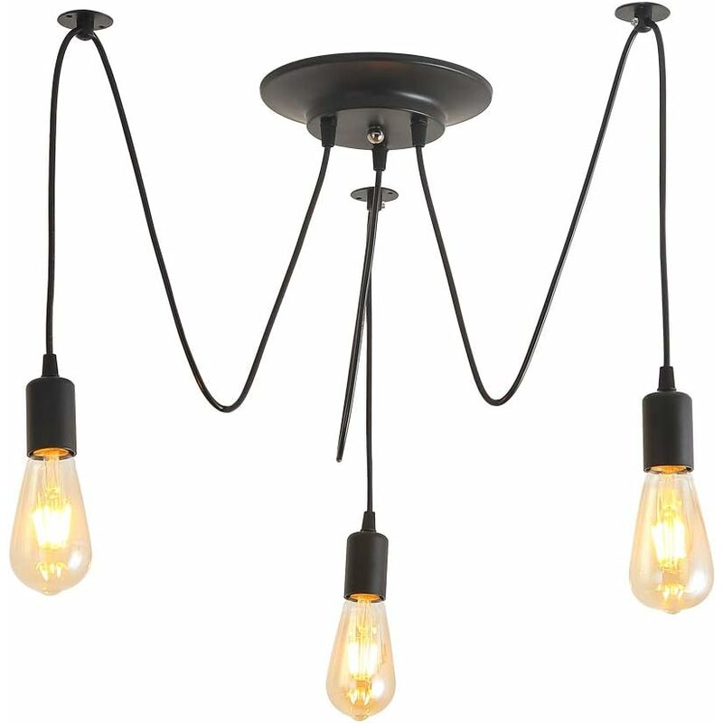 

E27 Lámpara colgante de bricolaje 3 cabezales Vintage Edison Luminaria colgante de techo Lámpara de luz industrial Negro, cable de 2 m [Clase de