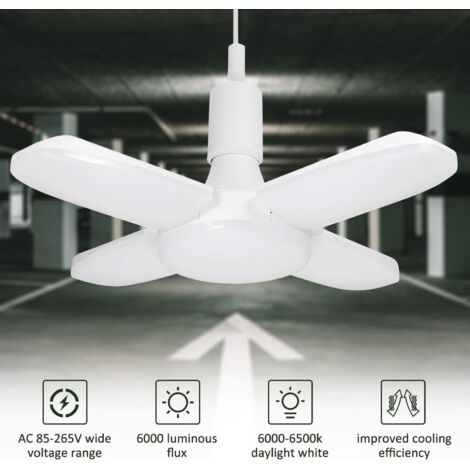 Litzee – Éclairage de garage LED 60W E26/E27 6000Lm – Panneaux ajustables – Lumière blanche 6500K – Installation rapide sans outils