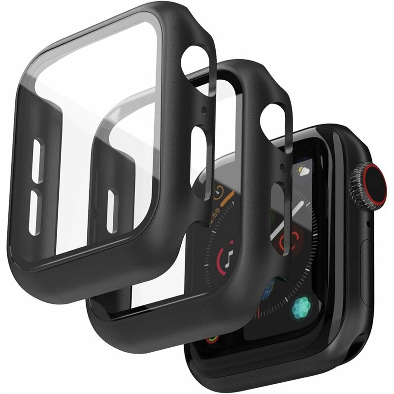 

LITZEE Estuche de 2 piezas compatible con Apple Watch 44 mm Serie 6/5/4 / SE Protector de pantalla, Carcasa de PC negra antirrayas HD Cubierta