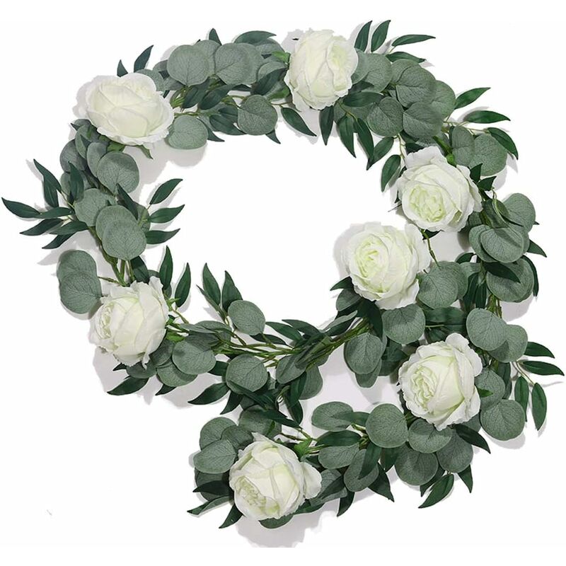 

Flores artificiales, guirnalda de hojas de sauce de eucalipto artificial, plantas colgantes de vid verde de seda sintética con 7 rosas de seda para