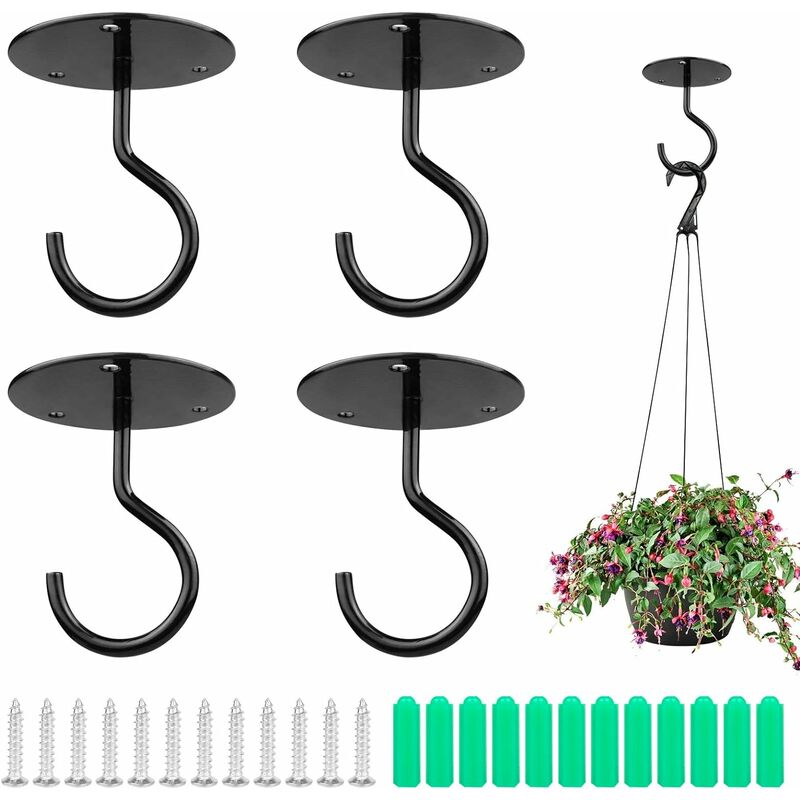 

Gancho de techo de metal para plantas, 4 piezas, con tornillos y anclajes para colgar cestas de plantas, linternas, campanas de viento, decoraciones