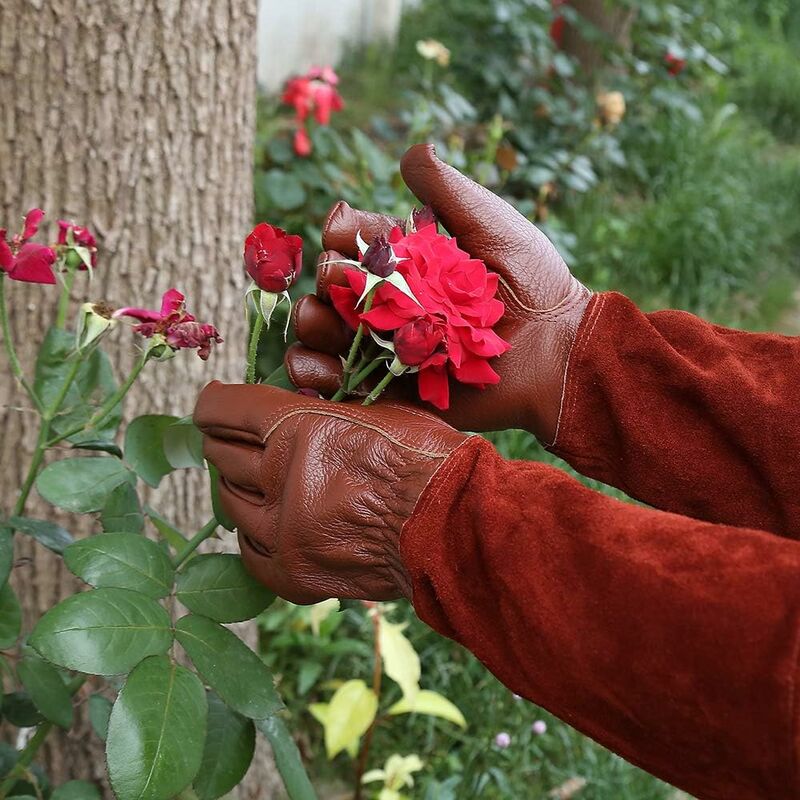 

Guantes de jardinería de cuero transpirable para hombres y mujeres con guante resistente a las espinas, cuero de vaca de manga larga para jardinero y