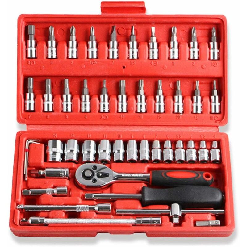 

juego con vasos de 46 1/4 'y puntas de destornillador con llave de trinquete reversible, varilla de extensión y estuche de almacenamiento de