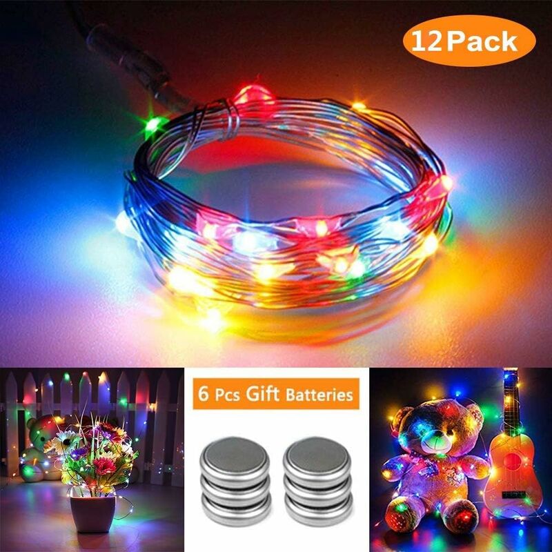 

Juego de 12 luces de cadena alimentadas por batería (incluidas) 2M 20 luces LED de cadena en alambre de cobre multicolor para Navidad, boda, fiesta,
