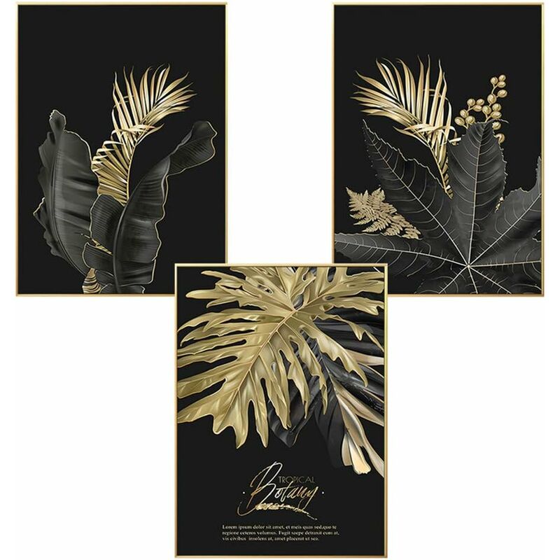 

Juego de 3 carteles de pared de diseño con motivos forestales, pan de oro, palma, sin marco, decoración de pared para estilo de sala de estarC