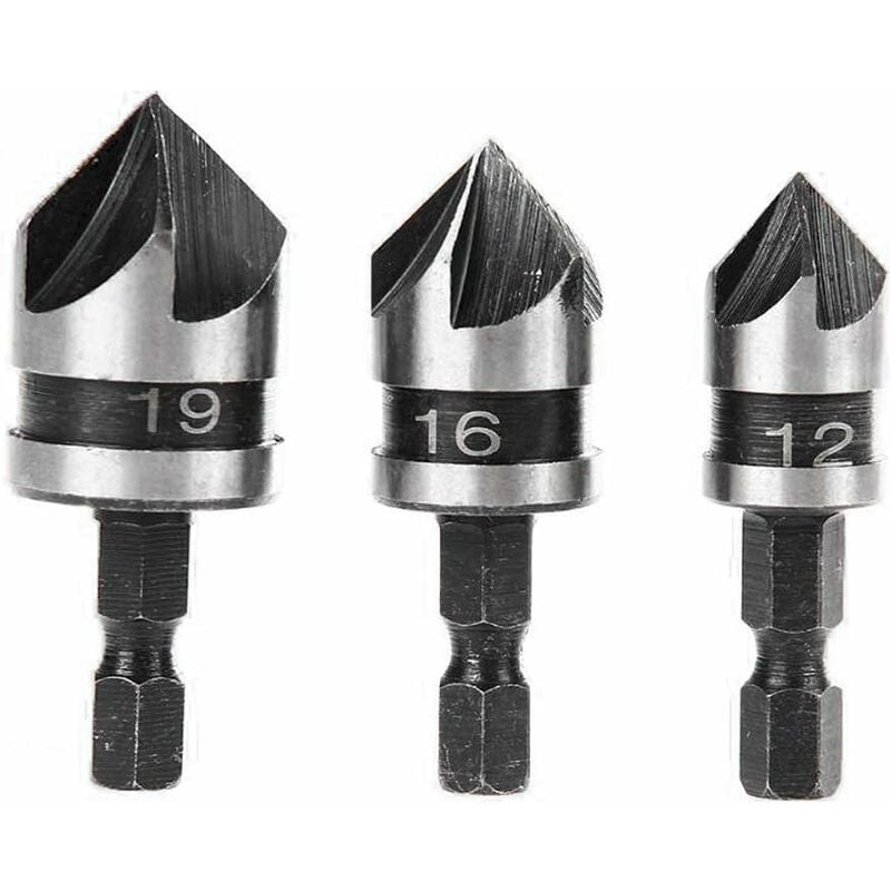 

Juego de 3 cortadores de chaflán de 90 grados y 5 flautas para carpintería, cambio rápido de metal, brocas hexagonales de acero al carbono de 1/4 ',