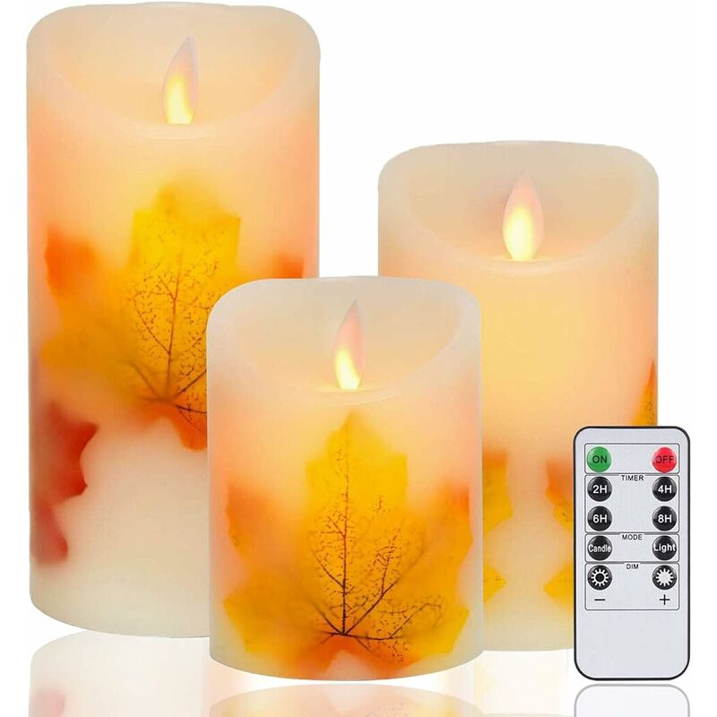 

Juego de 3 velas LED sin llama de hoja de arce que funcionan con pilas, control remoto de 10 teclas y temporizador de ciclo de 24 horas, luz de mecha