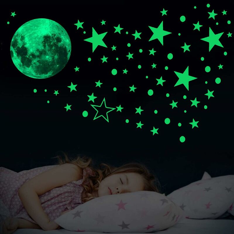 

Juego de 435 pegatinas de pared con luz brillante para habitación de niños, estrellas brillantes y patrón de luna