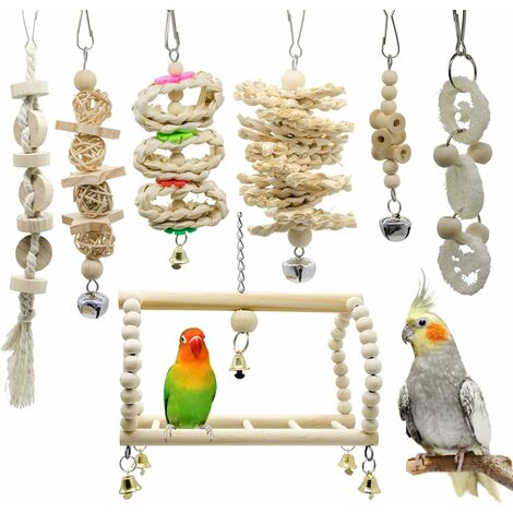 LITZEE-Juego de 7 piezas de juguete para pájaros, juguetes para pájaros, hamaca colgante, campana columpio, cadena, juguetes para masticar para loros, guacamayo gris africano, periquitos
