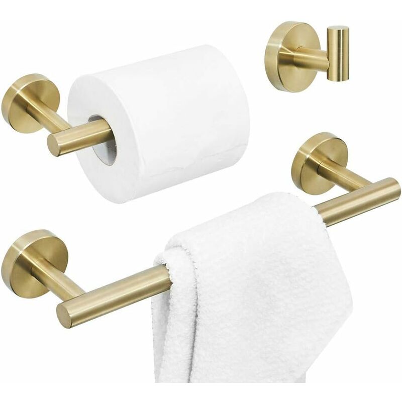 

Juego de accesorios de baño de 3 piezas incluido, gancho para bata, toallero, portarrollos de papel higiénico, acabado dorado cepillado, montado en