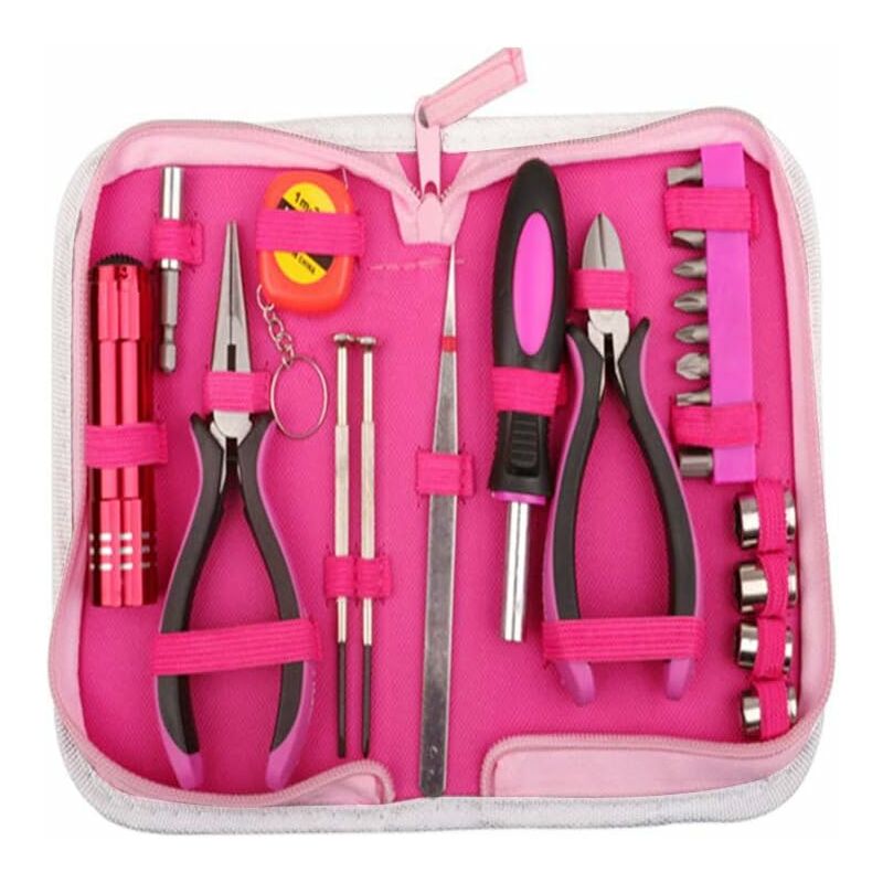 

Juego de herramientas rosa de 23 piezas para mujer con estuche de nailon rosa para trabajos de bricolaje y bricolaje, oficina