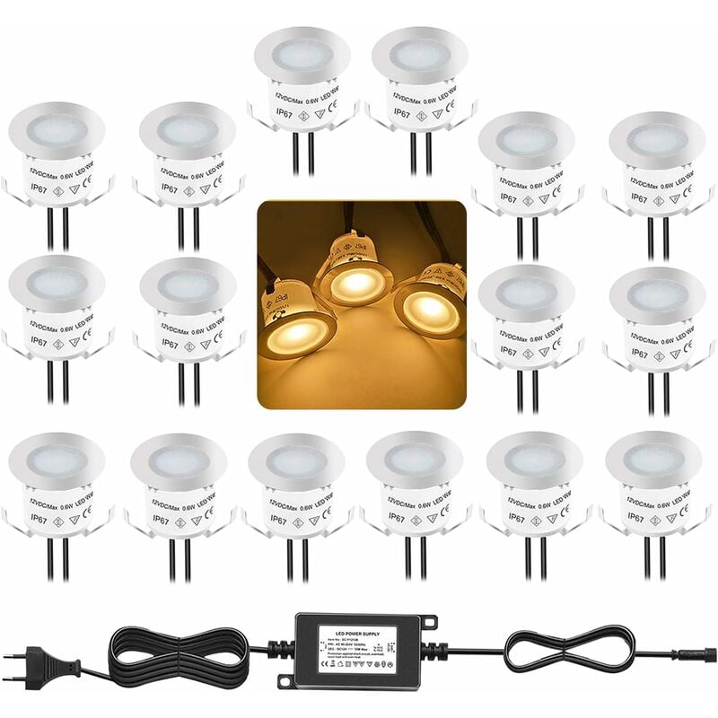

Juego de luces empotradas para patio de 16 piezas, 3000 K, blanco cálido, 12 V, impermeable, IP67, iluminación LED en el suelo para escaleras de