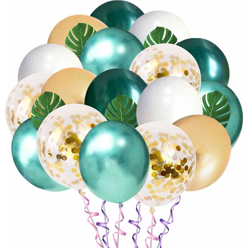 

Litzee - Jungle Decoraciones de cumpleaños, globos verdes de oro blanco de 12 pulgadas con hojas de palmera, globos de látex y globos de animales del