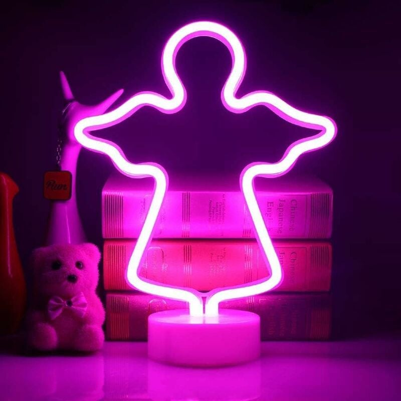 

Litzee - Lámpara de noche de ángel LED de neón con base, funciona con pilas o luces LED de neón USB, decoración para Navidad, cumpleaños, sala de