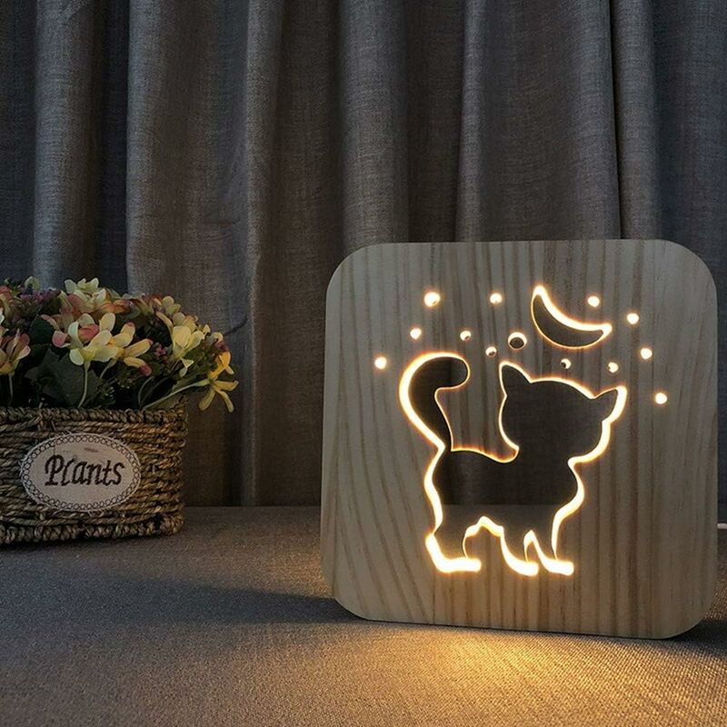 

Lámpara de noche USB de madera tallada 3D Animal Cat Paw