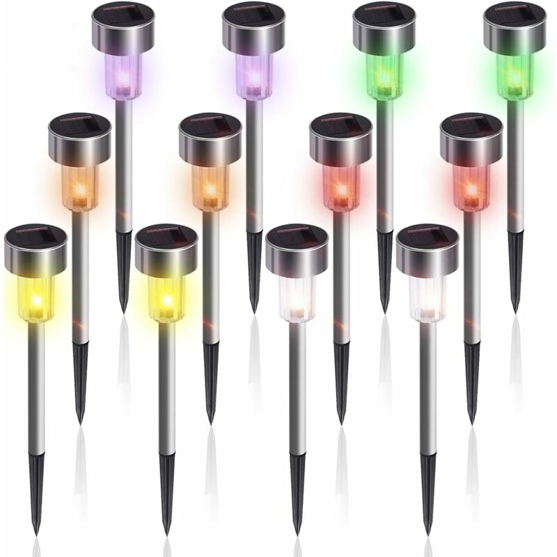 

Lámpara solar colorida para exteriores, 12 piezas, lámpara LED inalámbrica de acero inoxidable para jardín, 6 colores para exteriores