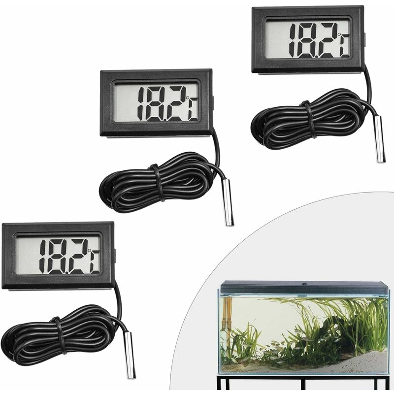 Litzee - LCD Thermomètre Digital, Lot de 3 Thermomètres Aquarium Numérique avec Sonde Étanche pour Aquarium, Terrarium et Vivarium