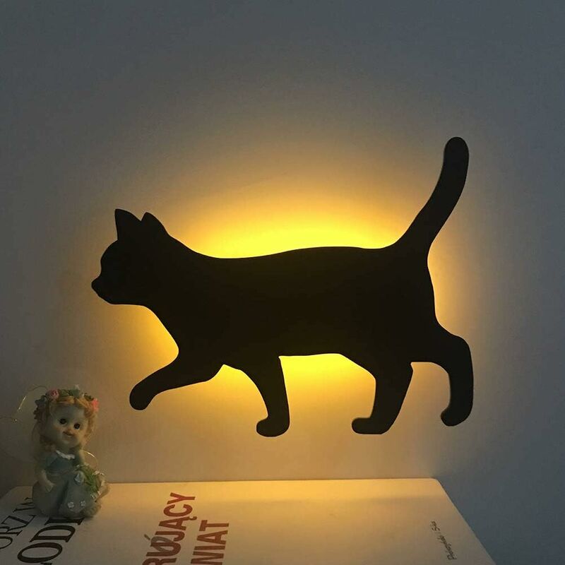 

Litzee - LED Lámpara de cabecera de gato activada por voz Silueta Luz nocturna Lámpara de pared Batería (color cálido) [Clase energética A +]