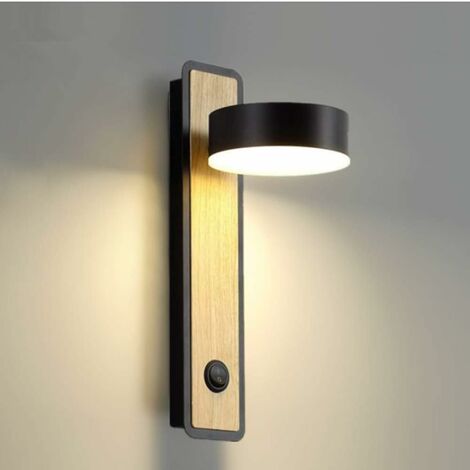 LITZEE LED Wandleuchte Wandleuchten Innenbeleuchtung Holz Wandleuchte für Schlafzimmer Wohnzimmer Büro Flur, drehbar 350 ° (Schwarz)