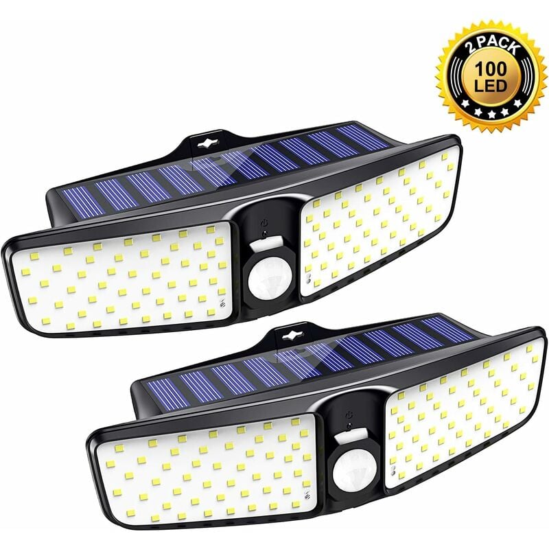 

Lámpara solar para exteriores [2 unidades], 100 LED Luz exterior con detector de movimiento con gran angular de 220 °, IP65, impermeable, luz solar