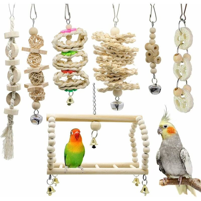 

Lote de 7 juguetes masticables para pájaros, loros, periquitos, periquitos, guacamayos, agapornis