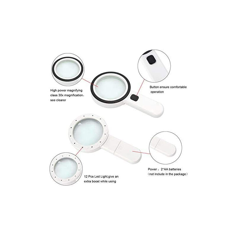 Loupe de lecture Loupe lumineuse 30X Loupe Lumières avec 12 LED Haute Puissance Loupe Grossissante Loupe liseuse pour les