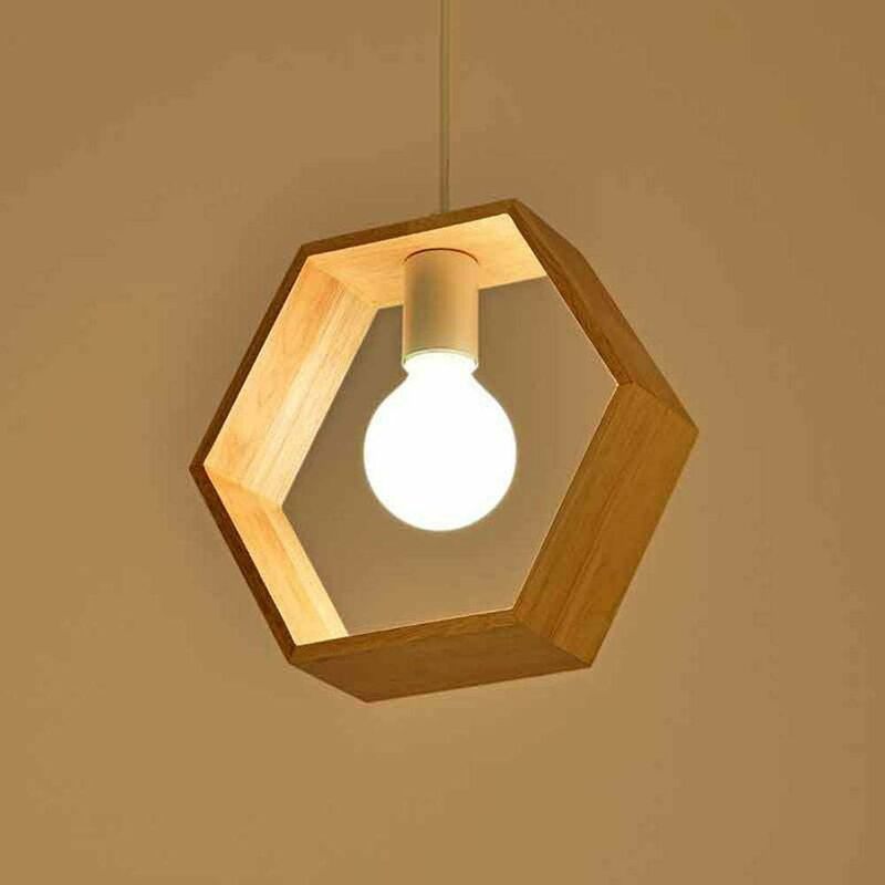 

Luces colgantes de madera de estilo geométrico moderno hexagonal nórdico, lámpara de techo retro E27 para interiores, adecuada para decoraciones de